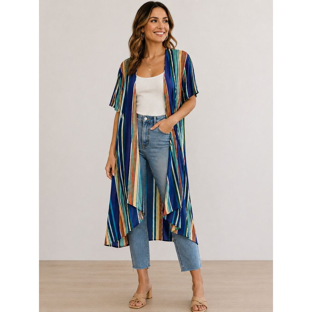 G&E Grace & Emma Western Boho Duster Coverup Kimono Women's Small Bright Striped